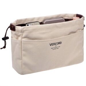 VERCORD Ivory Canvas Handbag Organizer 10 Pockets + 2 Elastic Bands 9” X 6” X 3”